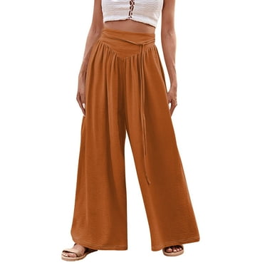 Kopltyrfg Women's Boho Pants Wide Leg Elastic Waist Trousers Tie Front Vacations Pants Ginger S