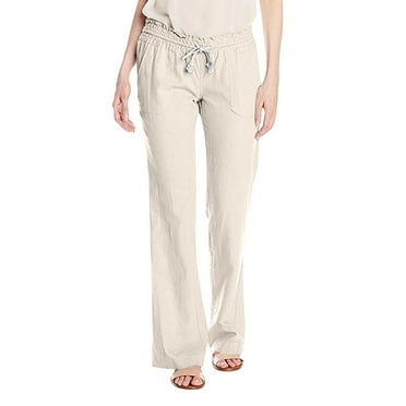 Kopltyrfg Women's Casual Linen Pants - 32" Inseam Oceanside Drawstring Smocked Waist Lounge Beach Trousers with Pockets Beige 3XL