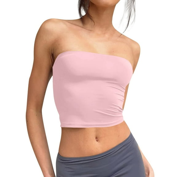 Kopltyrfg Women's Double Layered Basic Casual Strapless Backless Bandeau Bra Tube Top Pink L