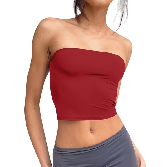 Kopltyrfg Women's Double Layered Basic Casual Strapless Backless Bandeau Bra Tube Top Wine L