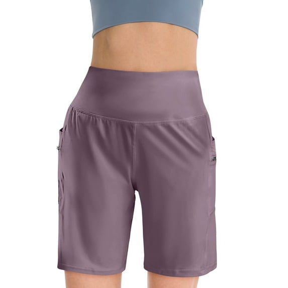Kopltyrfg Women's High Waisted 9" Shorts with Zipper Pockets Athletic Workout Long Shorts for Women Knee Length Light Purple L