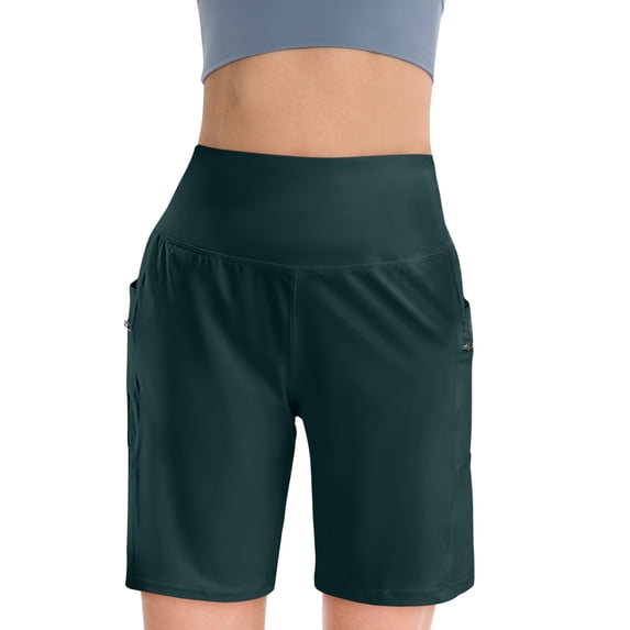 Kopltyrfg Women's High Waisted 9" Shorts with Zipper Pockets Athletic Workout Long Shorts for Women Knee Length Navy 2XL