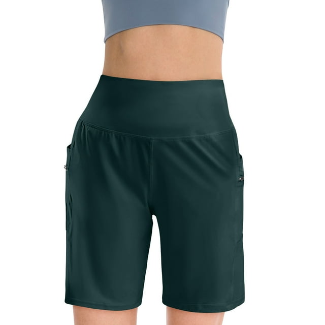 Kopltyrfg Women's High Waisted 9" Shorts with Zipper Pockets Athletic Workout Long Shorts for Women Knee Length Navy XL