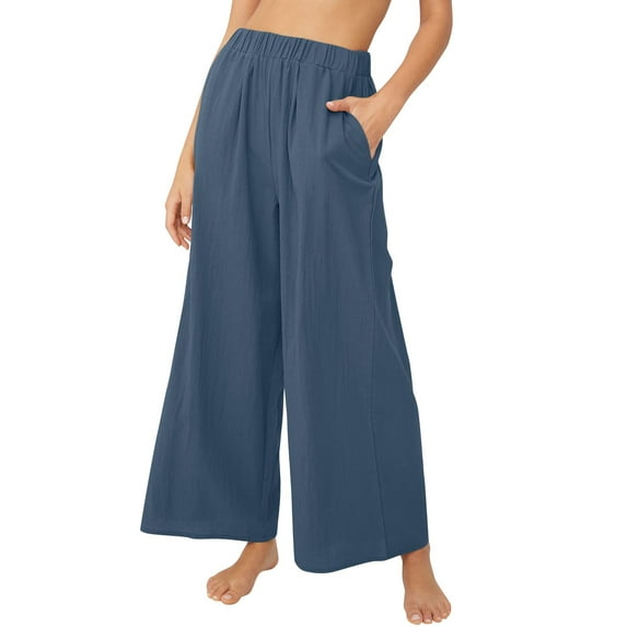 Kopltyrfg Women Linen Pants 2024 Summer Trendy Casual Loose High Waist Wide Leg Pants Vacation Lounge Pants with Pocket Blue XL