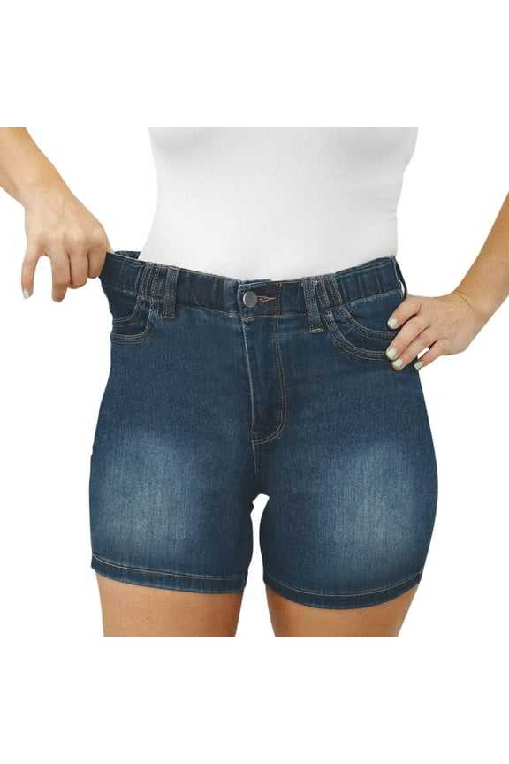 Women's Plus Size Elastic Waist Roll Hem Skinny Denim Shorts with Pocket Dark Blue 2XL