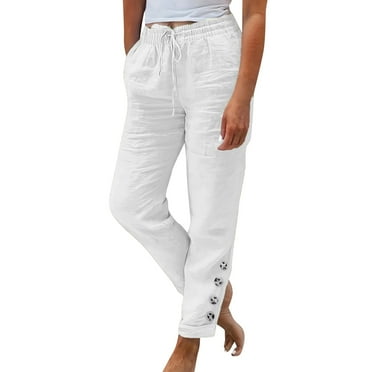 Kopltyrfg Women's Summer Casual Linen Pants Straight Leg Petite Pants Drawstring Elastic Waist Palazzo Pants with Pockets White S