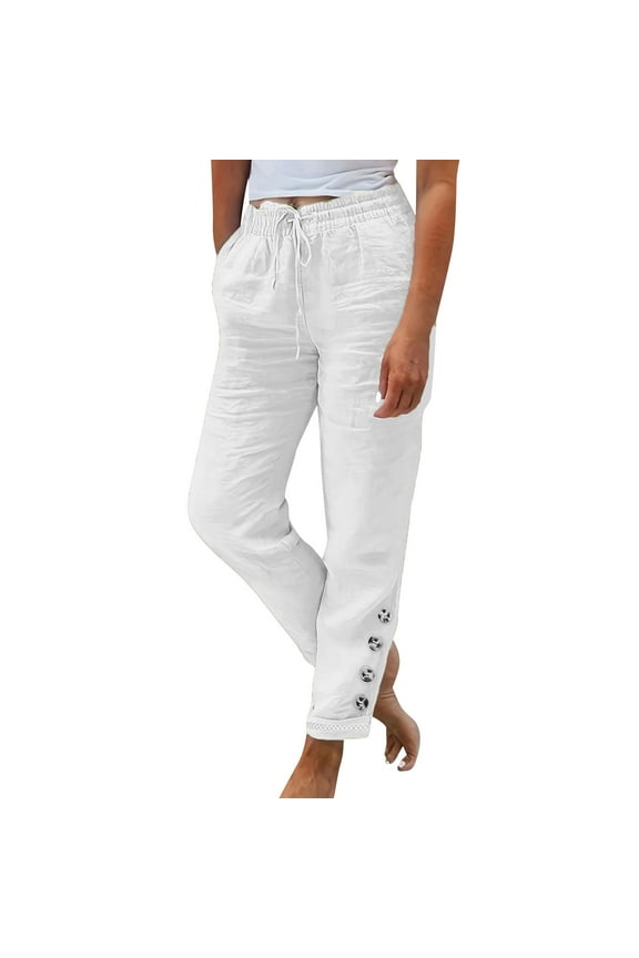 Women's Summer Casual Linen Pants Straight Leg Petite Pants Drawstring Elastic Waist Palazzo Pants with Pockets White S