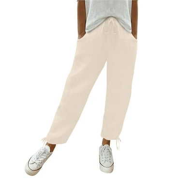 Kopltyrfg Womens Casual Linen Pants 2023 Plus Size High Waist Drawstring Summer Pants Straight Leg Lounge Trousers with Pockets Beige XL