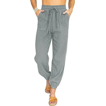 Kopltyrfg Womens Casual Linen Pants 2024 Spring Drawstring Elastic Waist Trousers with Pockets Lounge Fashion Vacation Clothing Light Gray 2XL