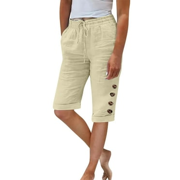 Kopltyrfg Womens Cotton Linen Cropped Pants 2024 Summer Lounge High Waisted Stretch Capris Drawstring Trousers with Pocket Beige XL