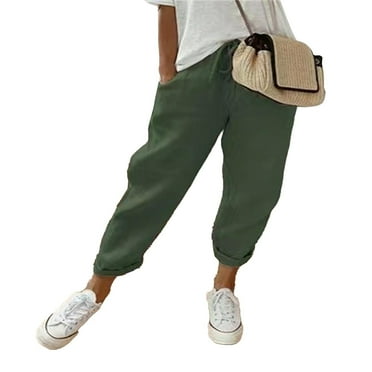 Kopltyrfg Womens Cropped Pants Cotton Linen Casual Summer Capri Pants Drawstring Elastic Waist Trousers Loose Comfy Capris Army Green XL