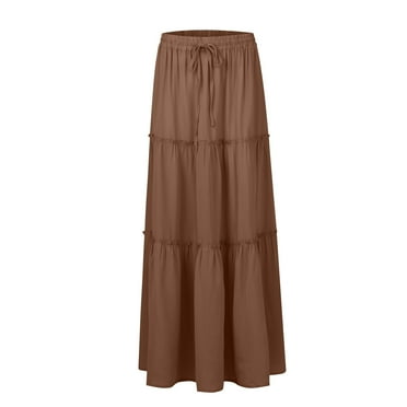 Kopltyrfg Womens Flowy Long Maxi Skirt Pleated Elastic High Waist A-Line Flowy Swing Drawstring Tiered Skirts with Pockets Brown S