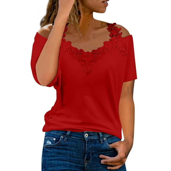 Kopltyrfg Womens Sexy Cold Shoulder Tops, Casual Off Shoulder Open Shoulder Shirts Red XL