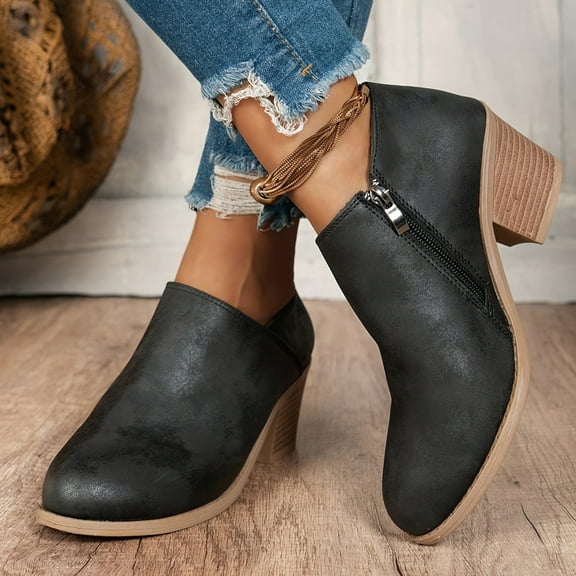 Kopltyrfg Womens Slip on Ankle Boots V Cutout Round Toe Chunky Stacked Low Heel Booties Fashion Side Zipper High Top Comfortable Short Boots Women's Casual Dress Block Heel Walking Booties (Black,42)