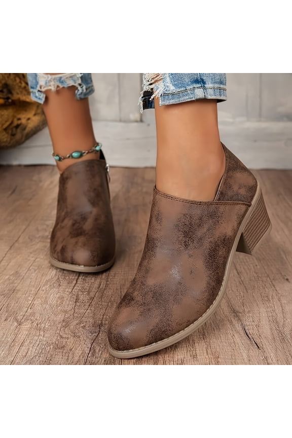 Womens Slip on Ankle Boots V Cutout Round Toe Chunky Stacked Low Heel Booties Fashion Side Zipper High Top Comfortable Short Boots Women's Casual Dress Block Heel Walking Booties (Brown,43)