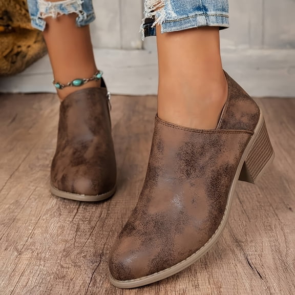 Kopltyrfg Womens Slip on Ankle Boots V Cutout Round Toe Chunky Stacked Low Heel Booties Fashion Side Zipper High Top Comfortable Short Boots Women's Casual Dress Block Heel Walking Booties (Brown,42)