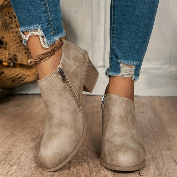 Kopltyrfg Womens Slip on Ankle Boots V Cutout Round Toe Chunky Stacked Low Heel Booties Fashion Side Zipper High Top Comfortable Short Boots Women's Casual Dress Block Heel Walking Booties (Khaki,40)