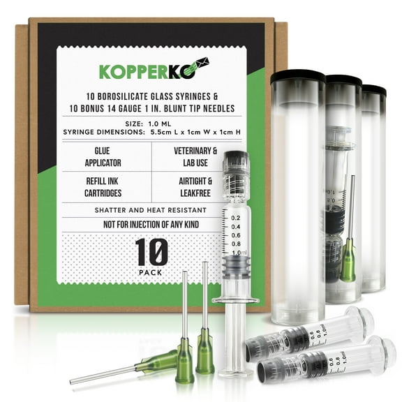Kopperko Borosilicate Glass Syringe with Needle, Luer Lock 1mL Syringe for Pets - 10 Pack