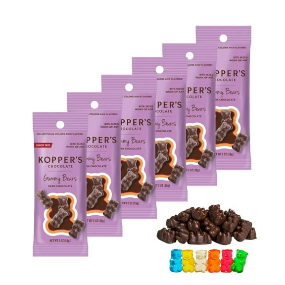 Koppers Dark Chocolate Gummy Bears 6 individual Packs Snack Size Bags 2oz each