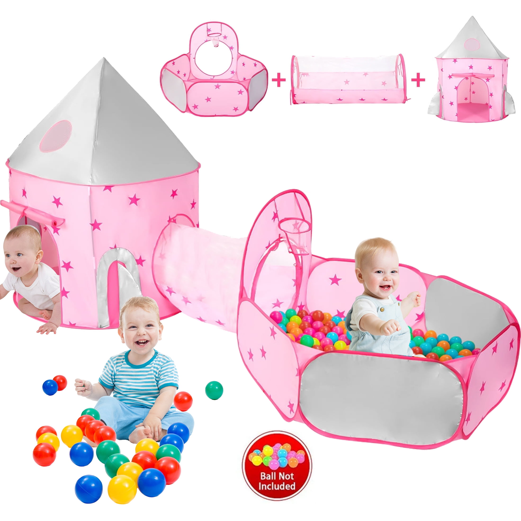 KOPPOP 3-in-1 Kids Play Tent with Tunnel & Ball Pit, Pop Up Indoor Outdoor Playhouse for Toddlers, Foldable Fort with Carry Bag, Gift for Boys & Girls (Pink)