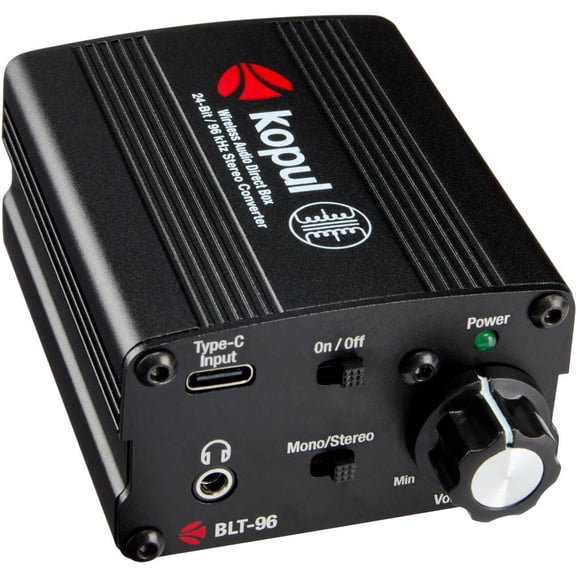 Kopul Wireless Bluetooth Audio Direct Box, Bluetooth 5.3, 24-Bit/96 kHz, Dual Balanced XLR Outputs, 3.5mm Headphone Monitor, USB-C Power, Stereo/Mono, 100 ft Range