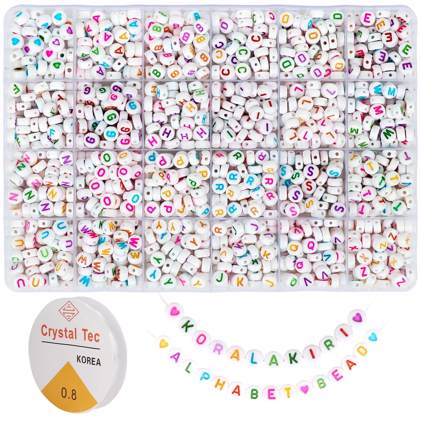 2400 Pcs Letter Alphabet Beads Kit，36 Styles 4x7mm White Round Beads  Acrylic Colorful Heart Beads for Bracelets Jewelry Making Necklaces  Keychains