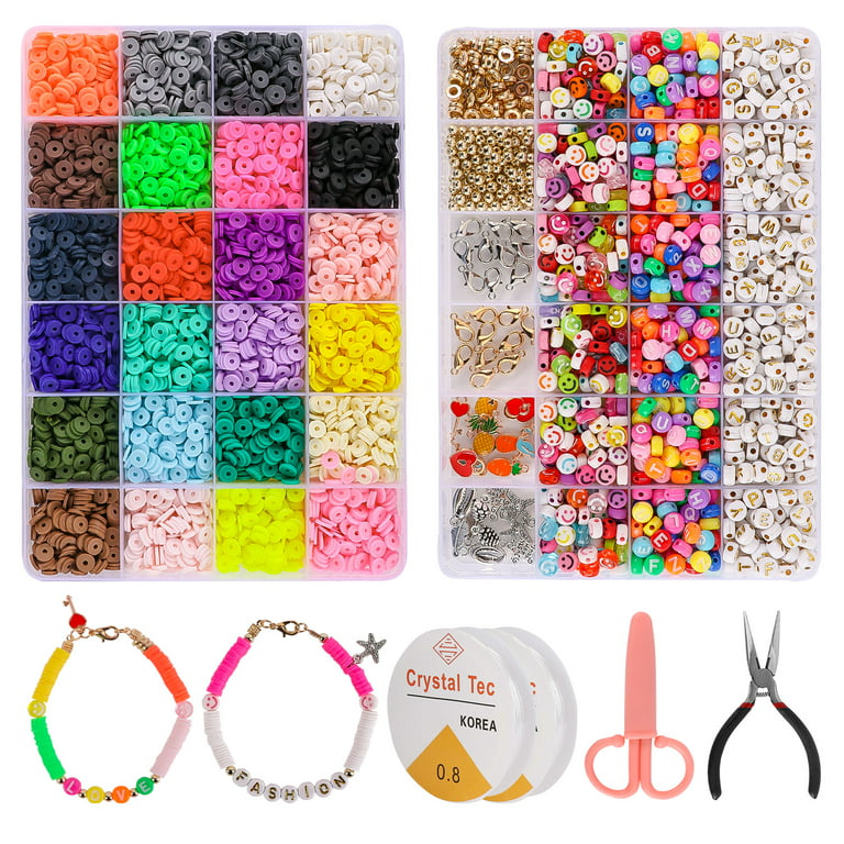 Koralakiri 7360Pcs Flat Clay Beads Kit 24 Colors 6mm, Letter Beads, Smiley  Face Beads for DIY Bracelets Necklaces Earrings Jewelry Making Gift for  Girls 