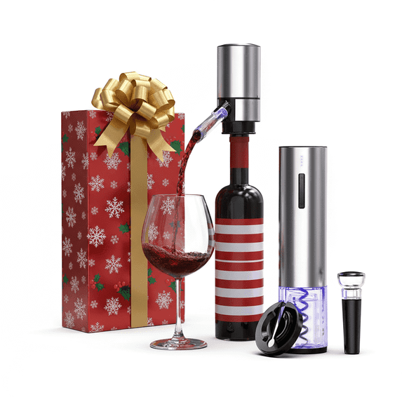 Electric 4-in-1 Wine Opener Set with Rechargeable Wine Opener, Foil Cutter , Automatic Wine Pourer and Aerator Vacuum Stoppers Gift Set, Stainless Steel