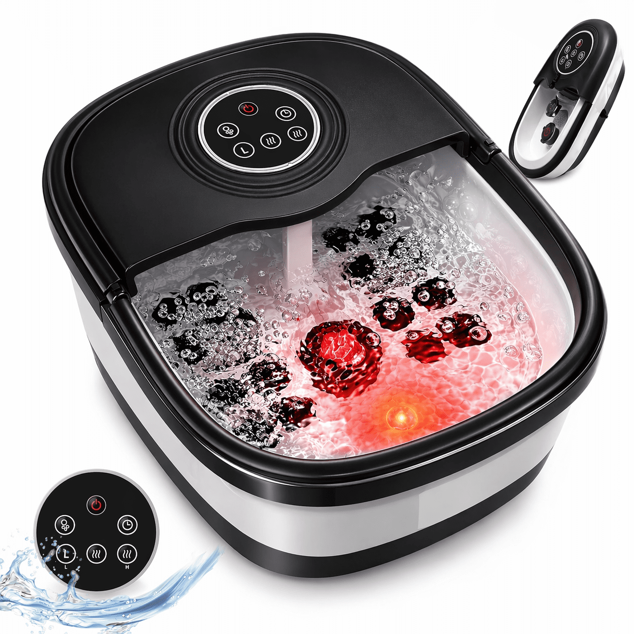 Koramzi Foot Spa Bath Massager with Heat, Bubbles, Remote, Foldable Design, 3 Temp, Rollers, Pumice Stone, Red Light, Timer, Fits up to Men Size 12, Black/White