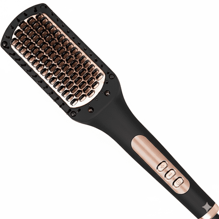 Koramzi HS101 Hair Straightener Brush, Negative Ion Hair Straightening Brush for Women, Anti-Scald & Auto-Off Feature, Fast Heating & 6 Temp Settings Straightening Brush, Black/Gold