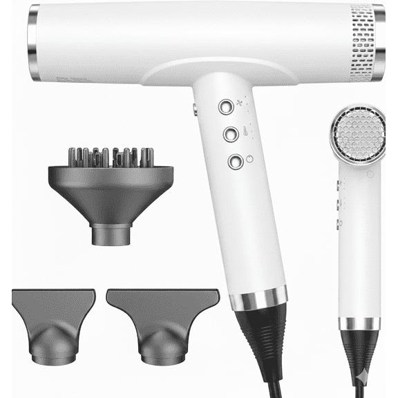 Koramzi Ionic Hair Dryer, Professional 110,000 RPM High-Speed Blow Dryer with 2000W Brushless Motor & Diffuser for Women Home Salon, White/Silver