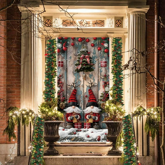 Koranda 35×70 Inch Christmas Door Cover, Features Santa Claus & Gnome Designs, Ideal for Christmas Day Door, Wall & Festival Party Decoration, Adds Festive Touch to Front Door or Indoor Home