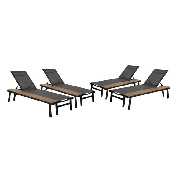 Korbin Outdoor Mesh and Aluminum Chaise Lounge with Side Table, Set of 4, Gray