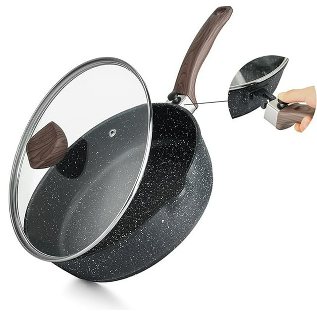 Kordisen 11 inch Nonstick Deep Frying Pan with Lid, Saute Pan Skillet with Detachable Wood