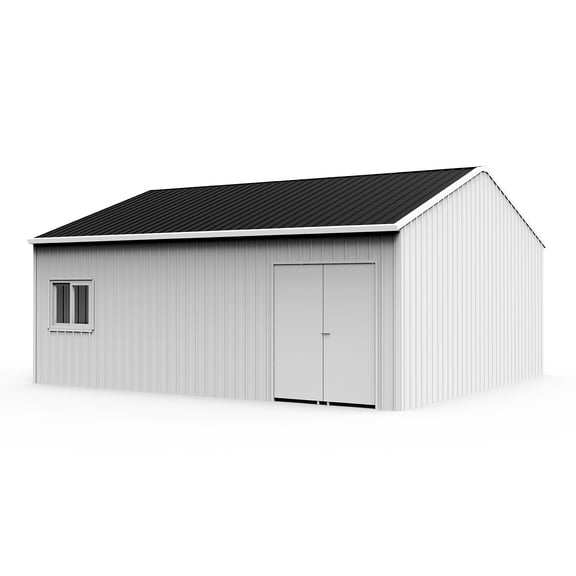 KoreJetMetal 28 x 25 x 15 ft Metal Storage Shed, Outdoor Steel Garage Kit 14 Gauge Steel Frame and 26 Gauge Panels with Side Door, 3 Windows and Reinforced Roof for Equipment Storage and Workshop Use