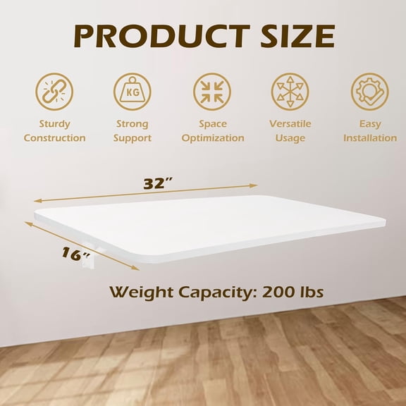 KoreTech Laundry Folding Table, 32'' x 16'' Wall Mounted Wooden Desk for Clothes Folding, White