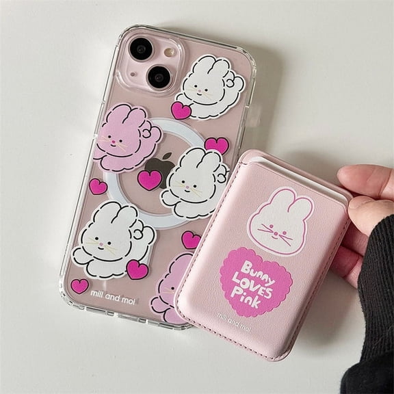 Korea Cute Rabbit Pink Heart For Magsafe Wireless Charge Clear Case For iPhone 15 14 12 13 11 Pro Max Magnetic Wallet Soft Cover