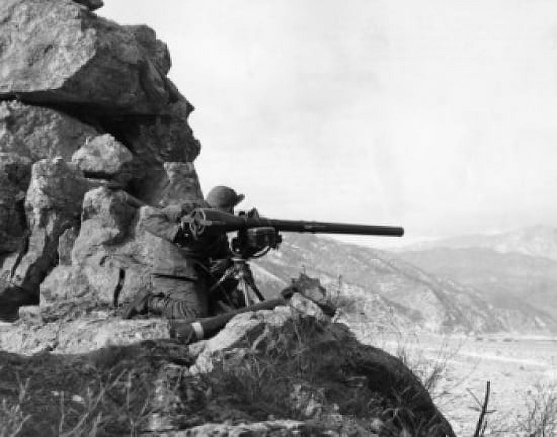 Korea US Army soldier holding weapon on hillside during war 1950s Canvas Art - (24 x 36)