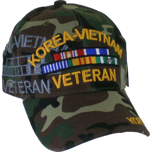 Korea-Vietnam War Veteran Ribbon Shadow Mens Cap [Baseball Cap - Woodland Camouflage - Adjustable]