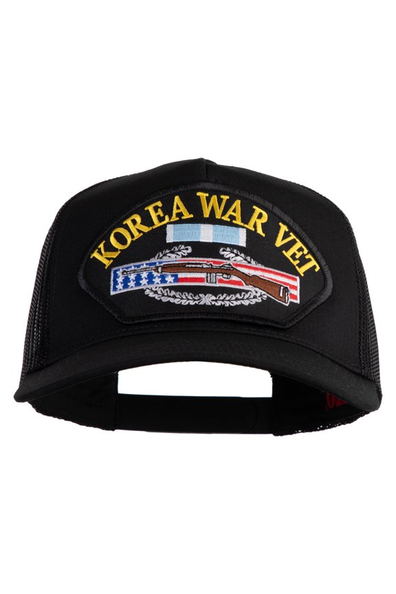 Korea War Vet Patched Solid Cotton Twill 5 panel Mesh Back Cap - Black OSFM