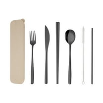 Korean 7 Piece Stainless Steel Cutlery Set Knife Fork Spoon Chopsticks Straw Brush Storage Bag Portable For Camping