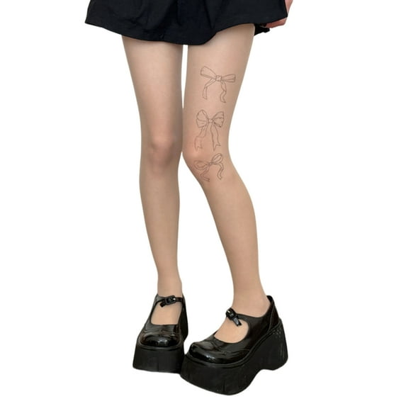 Korean Aesthetic Bowknot Print Sheer Pantyhose Stockings for Women Vintage See Through Silk Tights Leggings