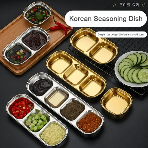 Korean BBQ Sauce Condiment Stainless Steel Dish, Soy Ketchup Salt Vinegar Sugar Spices Dip Bowls, 1/2/3/4 Grids