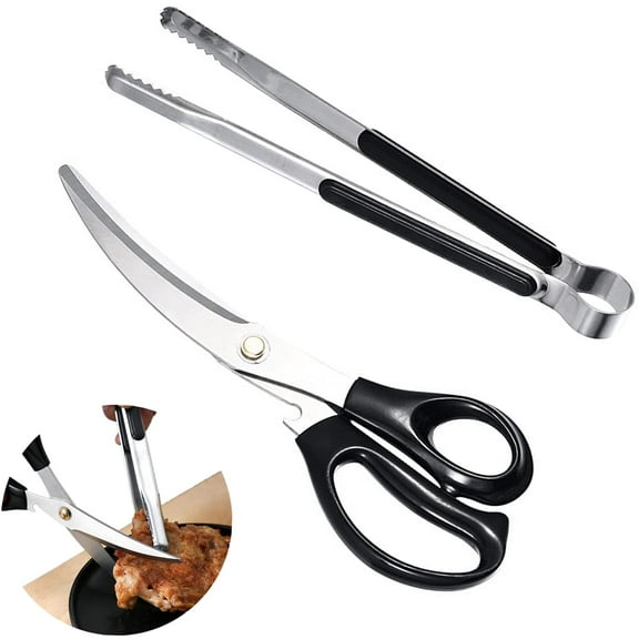 Korean Barbecue Scissors And Tongs Set, Bbq Scissors Bbq Tongs, Stainless Steel Ergonomic Sharp Shears And Clips For Kitchen, Cooking Clips,Pizza Shears For Easy Use (Black)