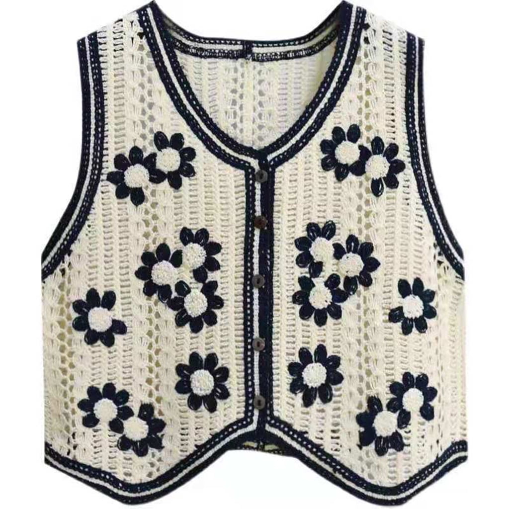 Korean Boho Women's Crochet Vest, Vintage Floral, Sleeveless