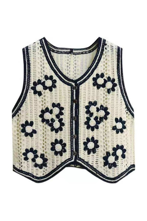 Korean Boho Women Crochet Knit Vest Waistcoat Vintage Colorful Floral Pattern Sleeveless Cardigan Jacket Retro Hippie V-Neck Button Down Crop Top