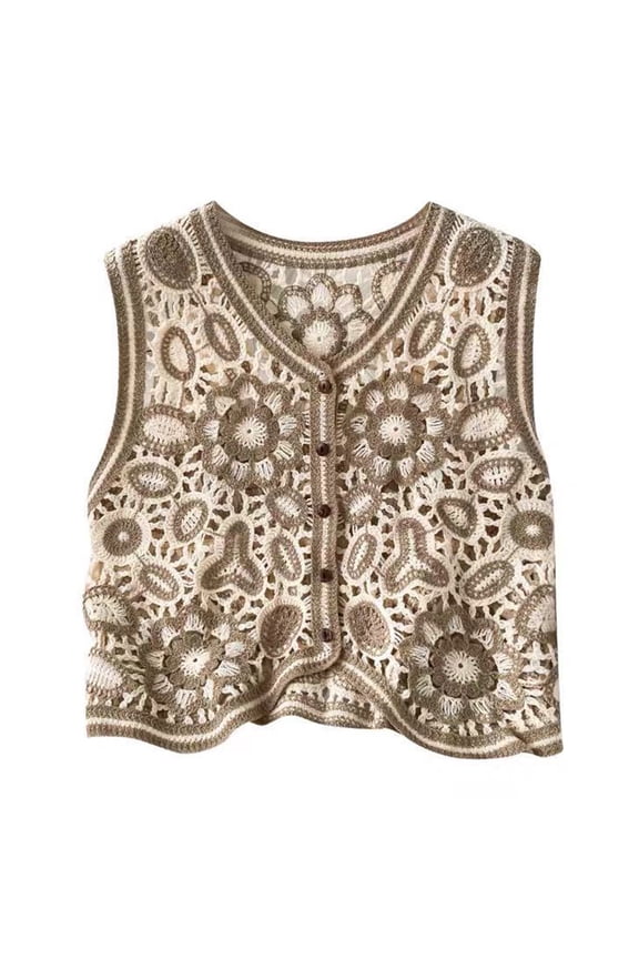 Korean Boho Women Crochet Knit Vest Waistcoat Vintage Colorful Floral Pattern Sleeveless Cardigan for Jacket Retro Hippie V-Neck Button Down Crop Top