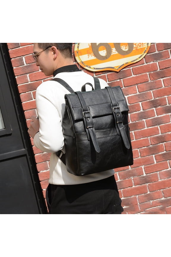 Korean Casual Business Men'S One-Shoulder Backpack Pu Waterproof Soft Surface Outdoor Large-Capacity Backpack,Black