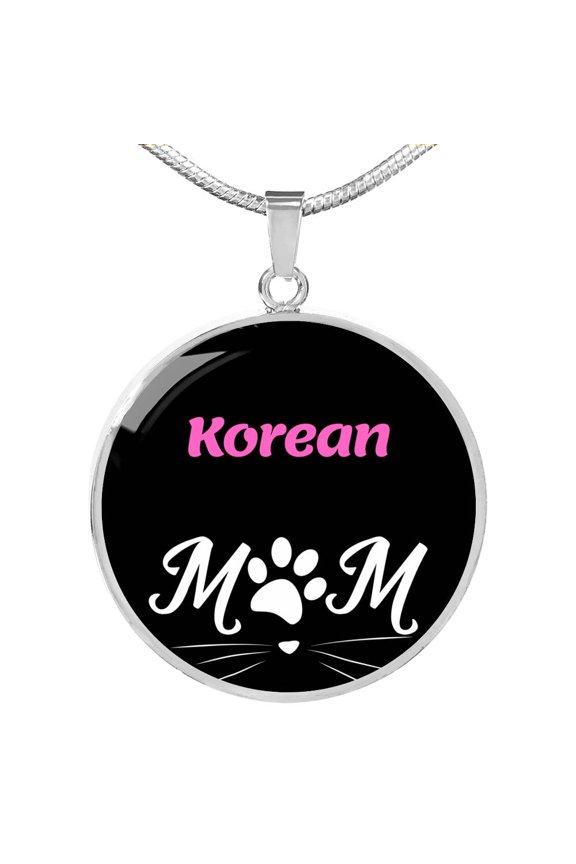 Korean Cat Mom Circle Pendant Necklace Stainless Steel 24 Inch Chain Silver Tone or Gold Tone
