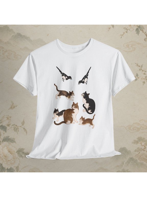 Korean Cats and Magpies Art Cute Kitten Graphic T-Shirt